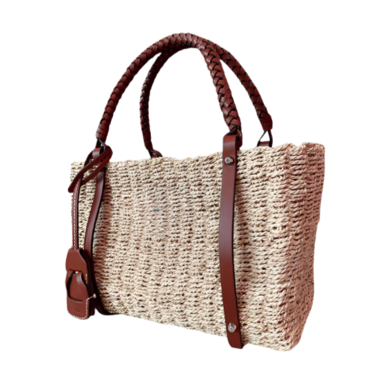 Woven Raffia Tote Bag w/ Leather Trim