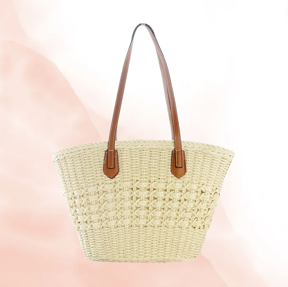 Woven Beach Bag with Leather Straps