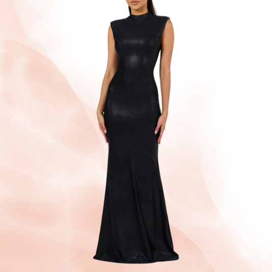 Mock Neck Black Maxi Dress