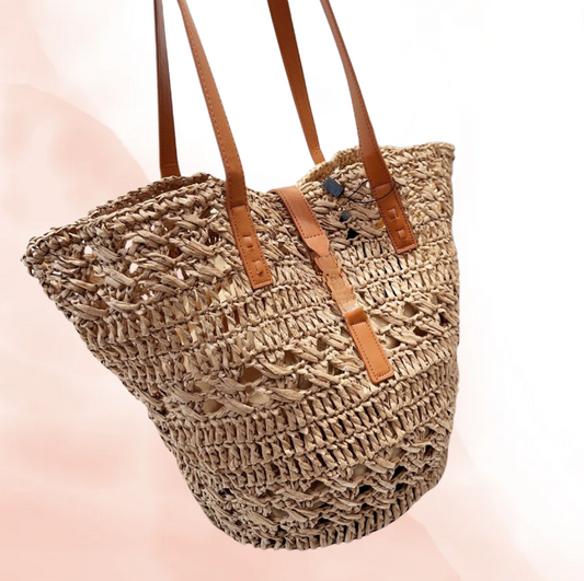 Bucket Raffia Tote w/ Leather Trim