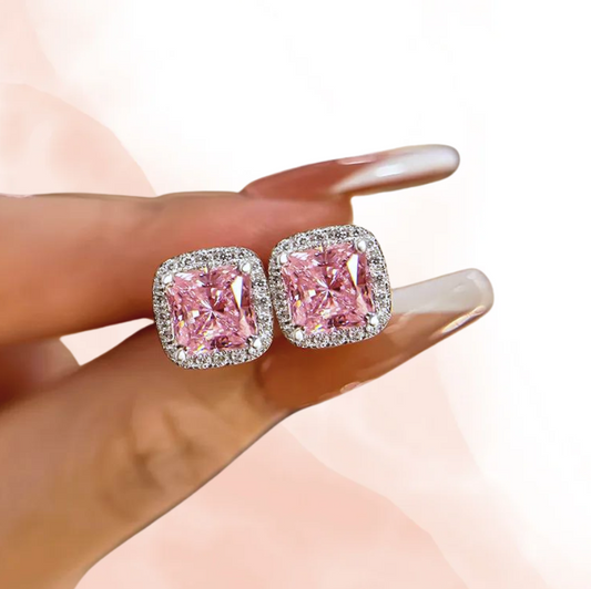 Pink Cushion Halo CZ Stud Earrings