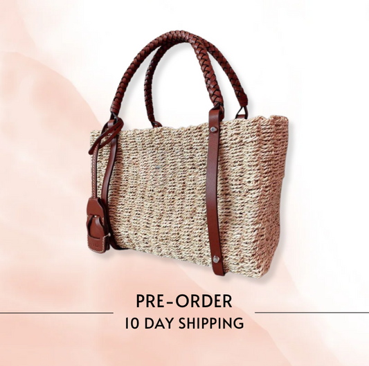 Woven Raffia Tote Bag w/ Leather Trim