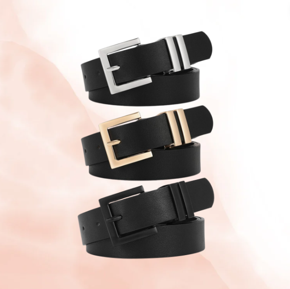 3cm Square Buckle Black Leather Belt