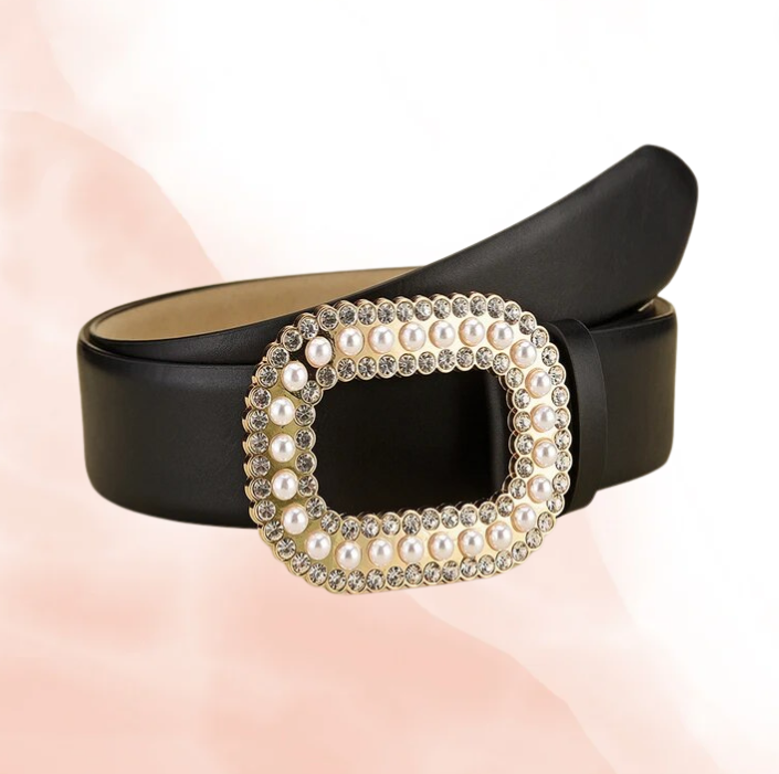 3cm Pearl Crystal Buckle Leather Belt