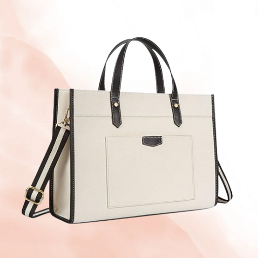 White Brown & Black Leather Tote Bag