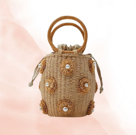 Leather Trim Raffia Bucket Bag