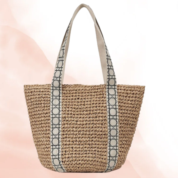 Woven Raffia Tote Bag w/ Canvas Straps